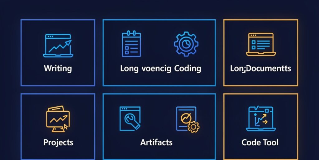 Claude AI’s main 2026 capabilities including writing, coding, and long-document analysis