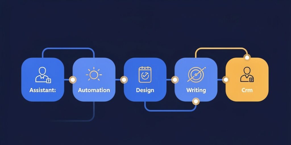 Diagram of a small business AI tool stack connecting assistant, automation, design, writing, and CRM tools