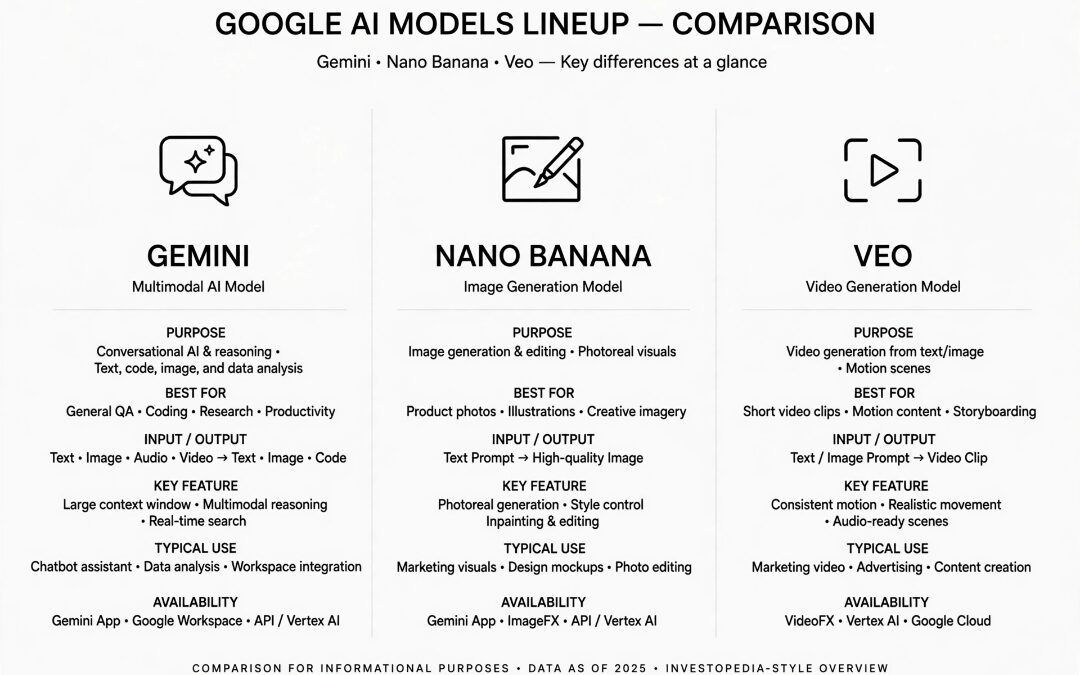Google AI models comparison — Gemini, Nano Banana, Veo lineup
