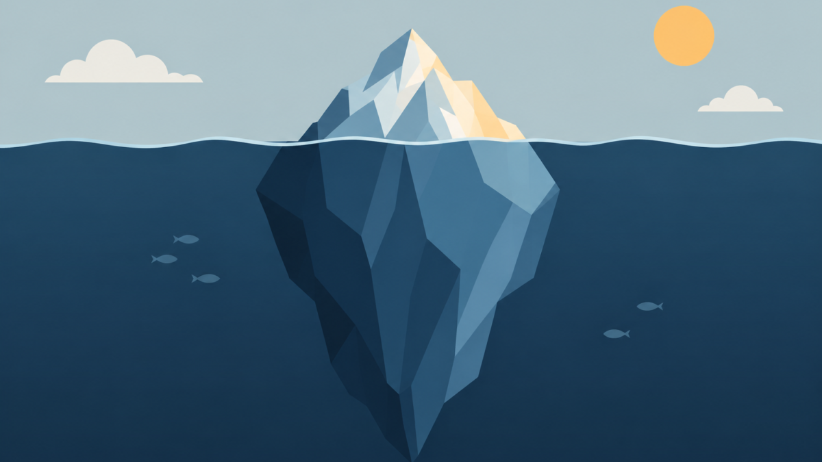 reasoning token pricing explained" — flat conceptual icon of an iceberg with a small visible tip and a much larger submerged base, muted slate/amber palette