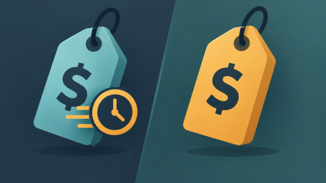 DeepSeek V4 vs GLM-5.3 comparison" — flat conceptual icon of two price tags, one with a small clock overlay signaling variable/surge pricing, muted slate/amber palette