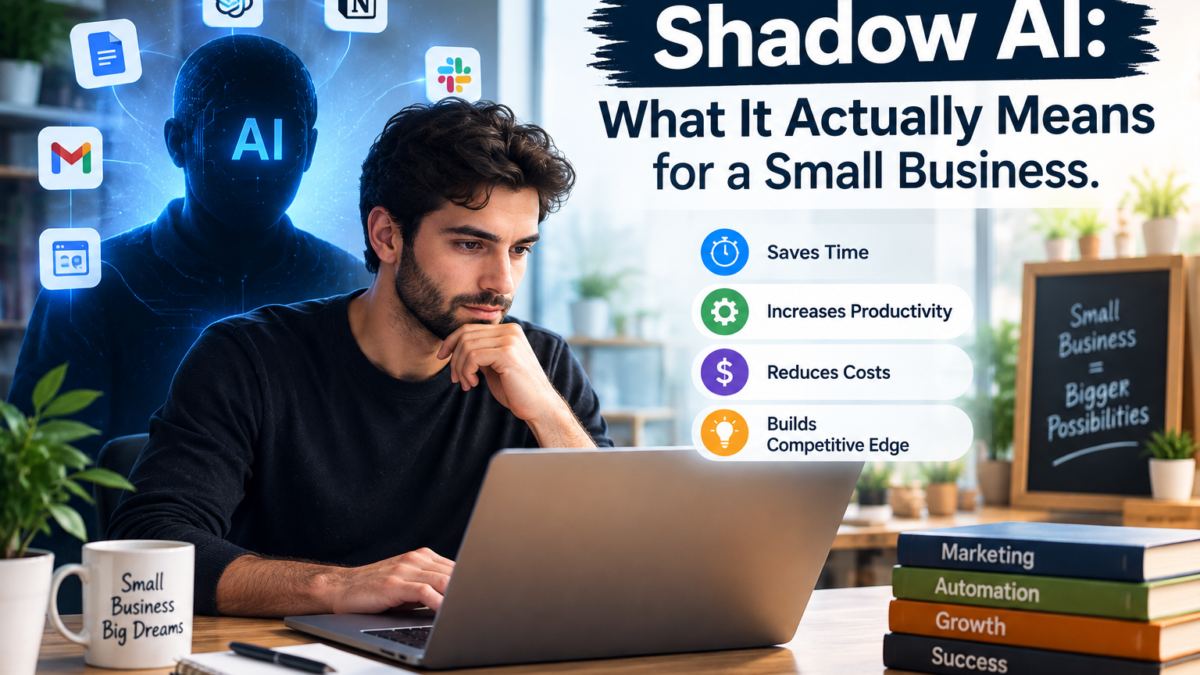 shadow AI risk illustration for small business" — flat conceptual icon of a laptop with a faint duplicate/shadow silhouette behind it, muted slate/amber palette