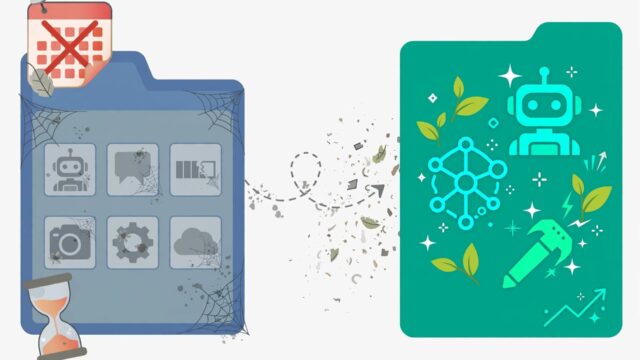 AI tools directory that stays useful" — flat conceptual icon of a clipboard/list with a faded/greyed-out bottom half, muted slate/amber palette
