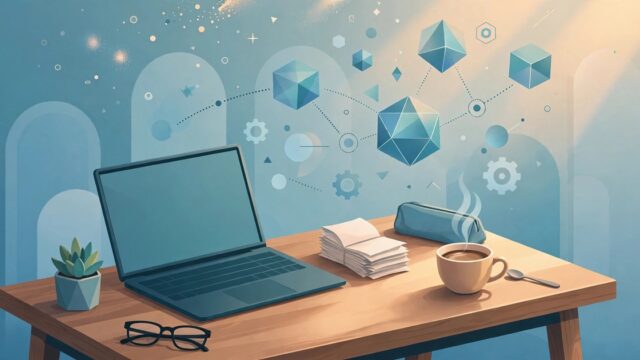 Freelancer desk with a laptop, a stack of paper receipts and a coffee cup under floating geometric shapes suggesting AI automation
