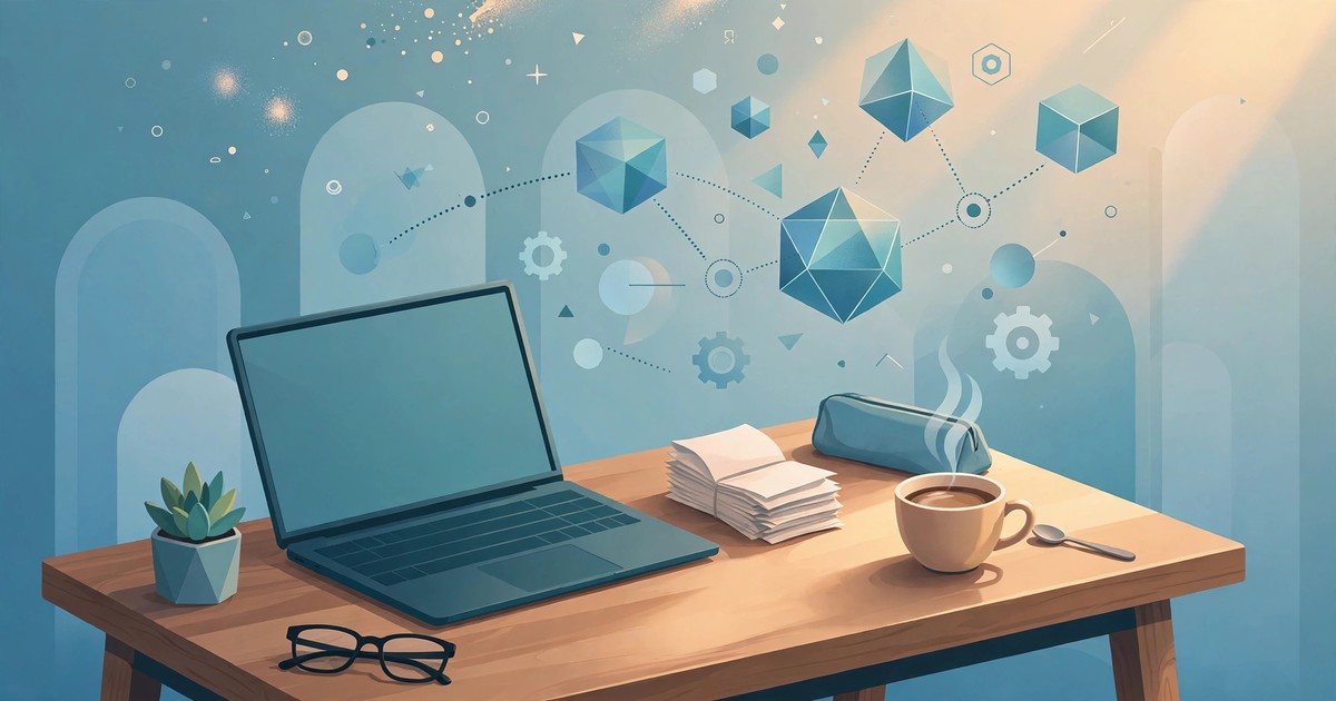 Freelancer desk with a laptop, a stack of paper receipts and a coffee cup under floating geometric shapes suggesting AI automation
