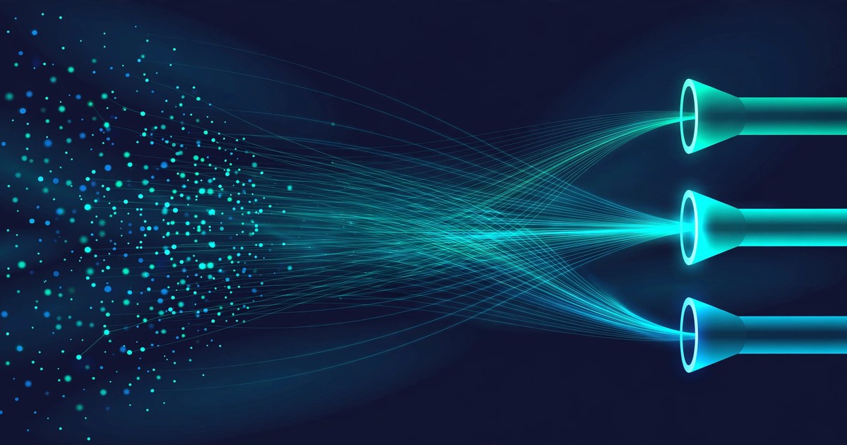 Abstract illustration of AI lead generation: scattered prospect dots converging through glowing pipelines into qualified leads