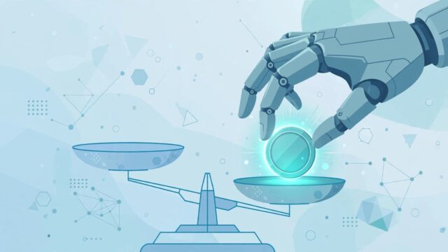 Robot hand placing a glowing credit coin on a balance scale, illustrating AI product pricing models