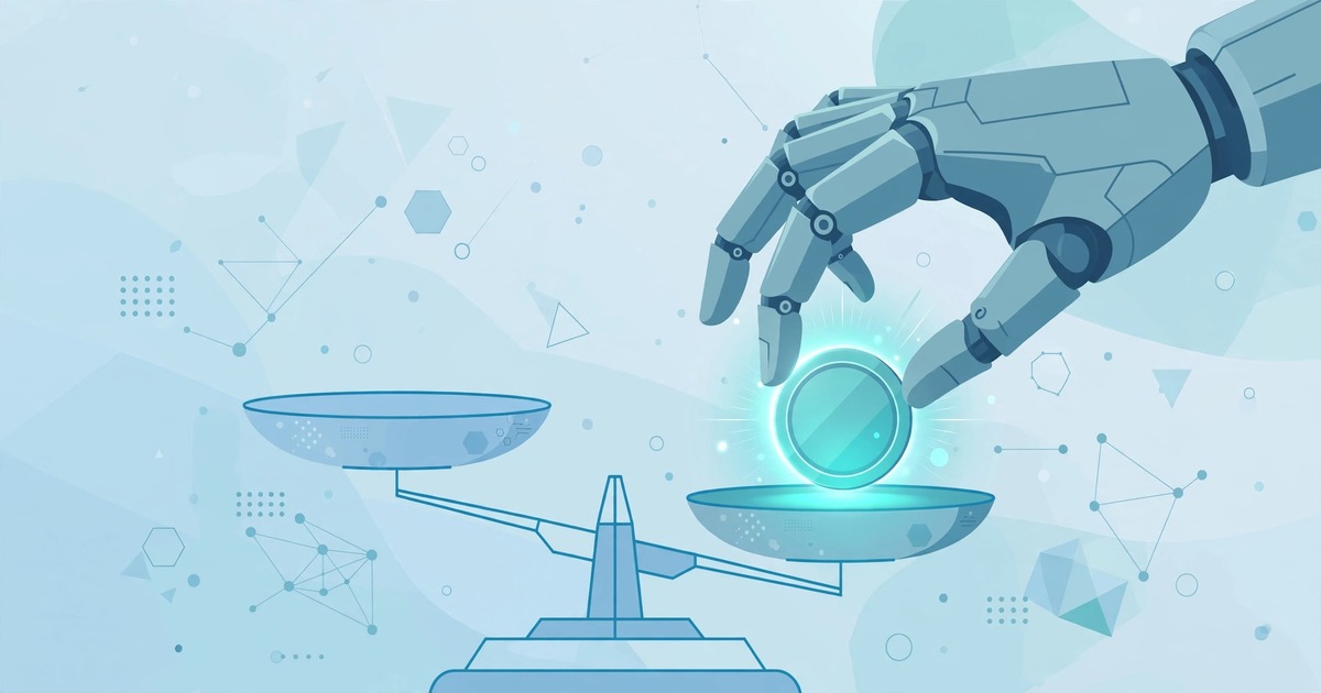 Robot hand placing a glowing credit coin on a balance scale, illustrating AI product pricing models