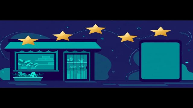 Flat vector illustration of gold star ratings floating above a smartphone and a small shop storefront, representing AI review management for small business