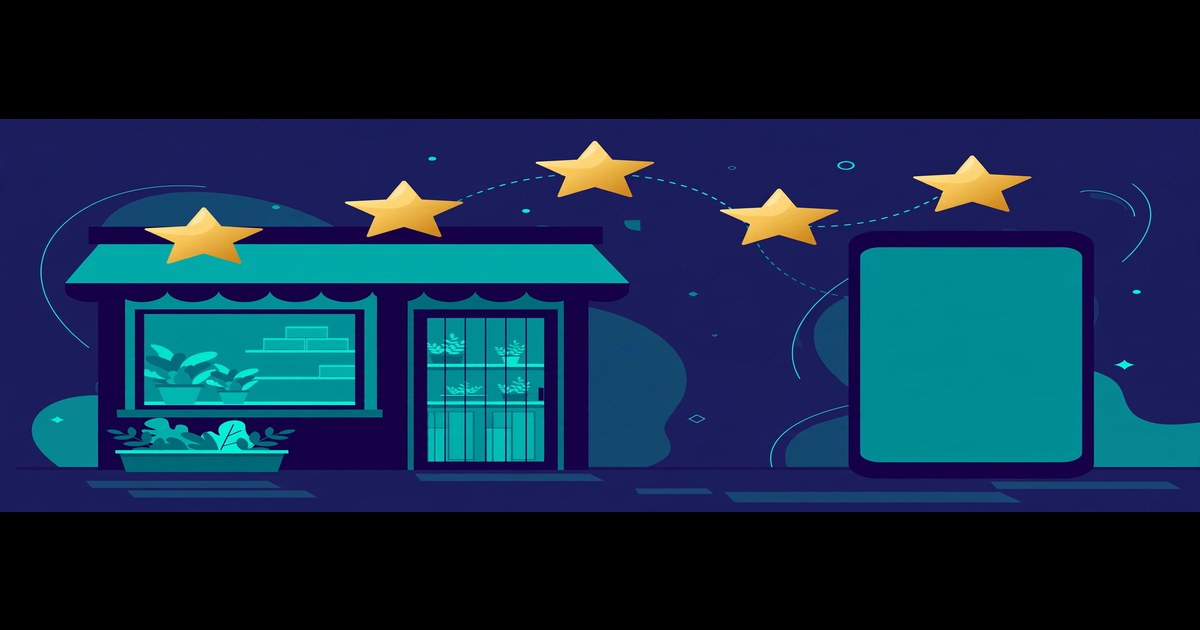 Flat vector illustration of gold star ratings floating above a smartphone and a small shop storefront, representing AI review management for small business