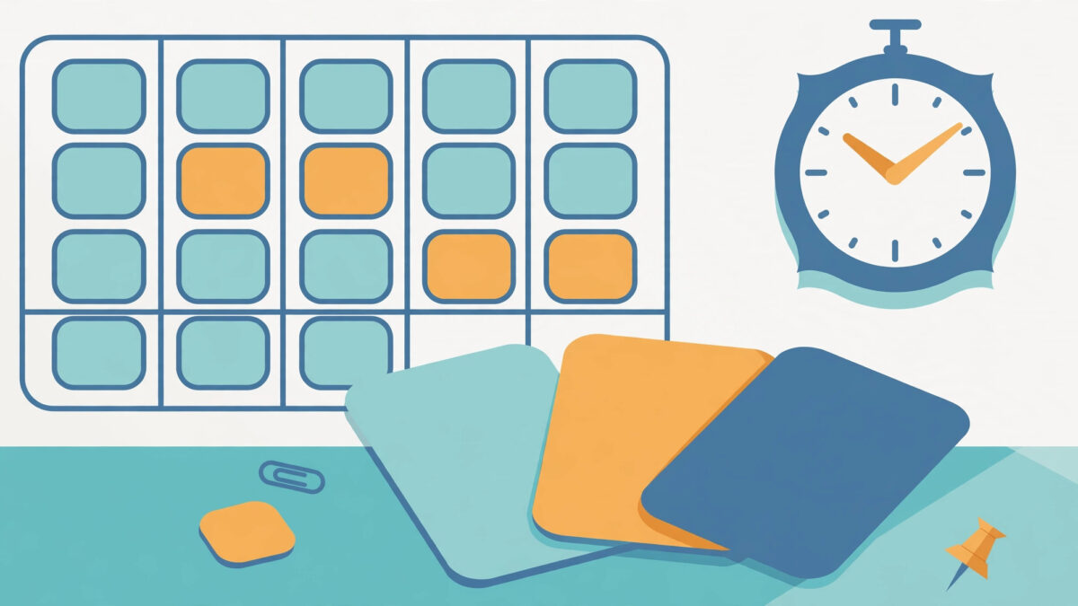 Flat illustration of an appointment calendar grid, a wall clock and appointment cards in teal and amber