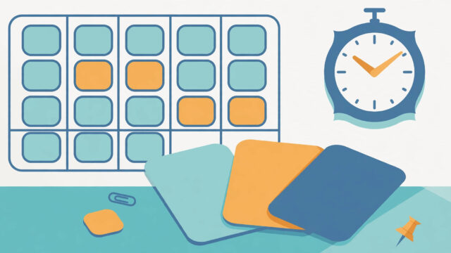 Flat illustration of an appointment calendar grid, a wall clock and appointment cards in teal and amber