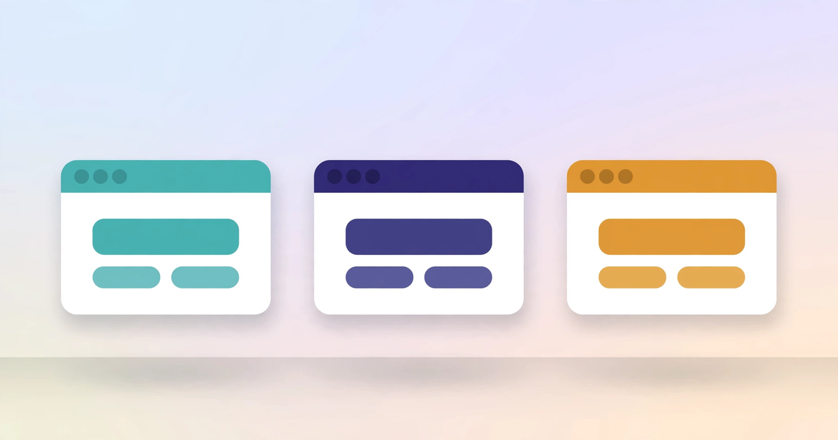 Illustration comparing three AI website builders, shown as three browser windows in teal, indigo and amber