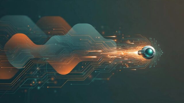 Abstract illustration of a small fast AI model racing ahead of larger shapes, orange and teal circuit lines