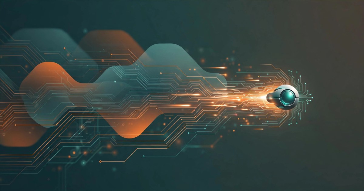 Abstract illustration of a small fast AI model racing ahead of larger shapes, orange and teal circuit lines