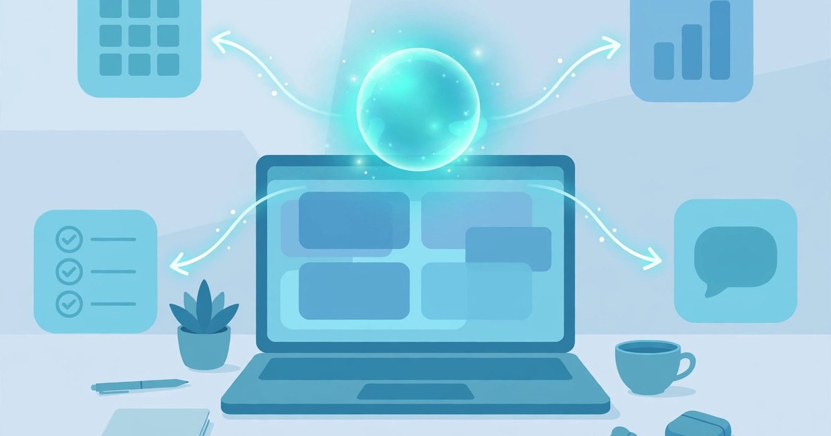 Illustration of a laptop with a glowing AI assistant orb connecting calendar, chart, checklist and chat apps on a freelancer desk