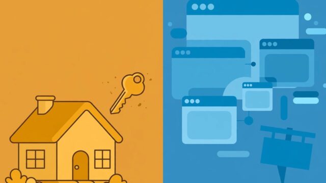 Split illustration: a house with a key for owning your WordPress site versus browser windows and a rental sign for renting an AI website builder