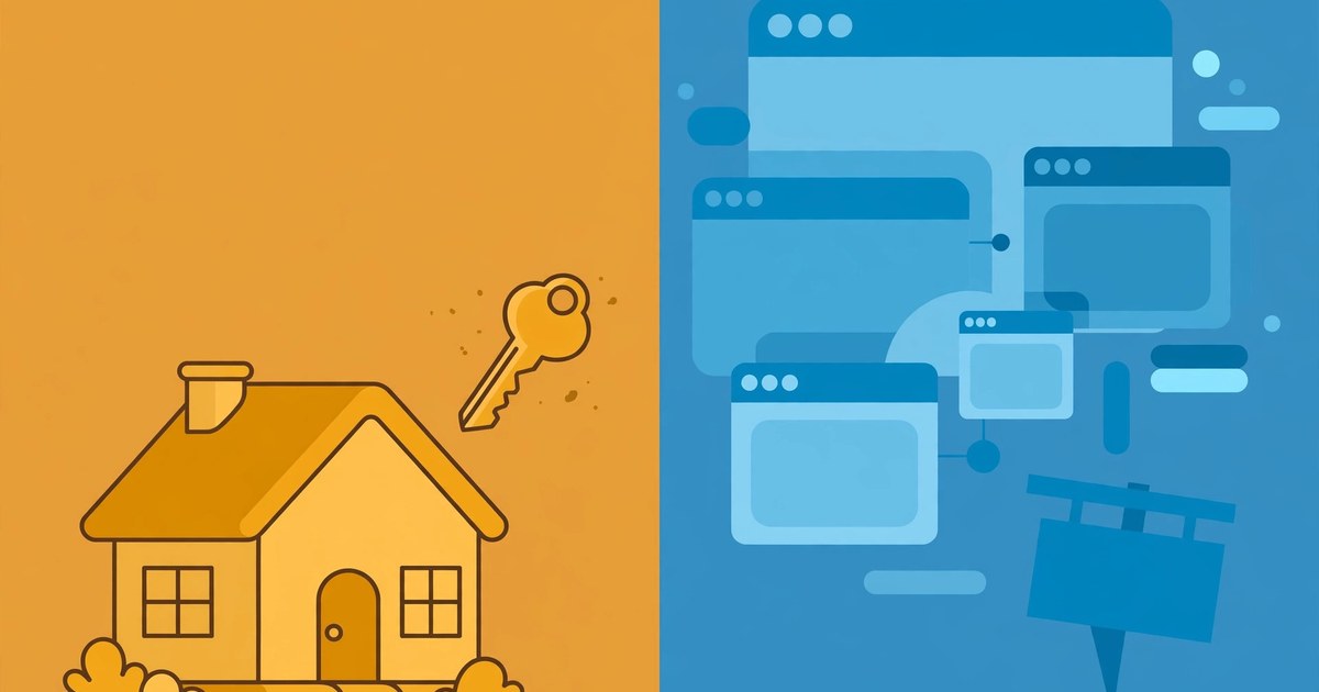 Split illustration: a house with a key for owning your WordPress site versus browser windows and a rental sign for renting an AI website builder