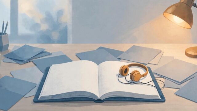 Open research notebook with documents and podcast headphones — NotebookLM review