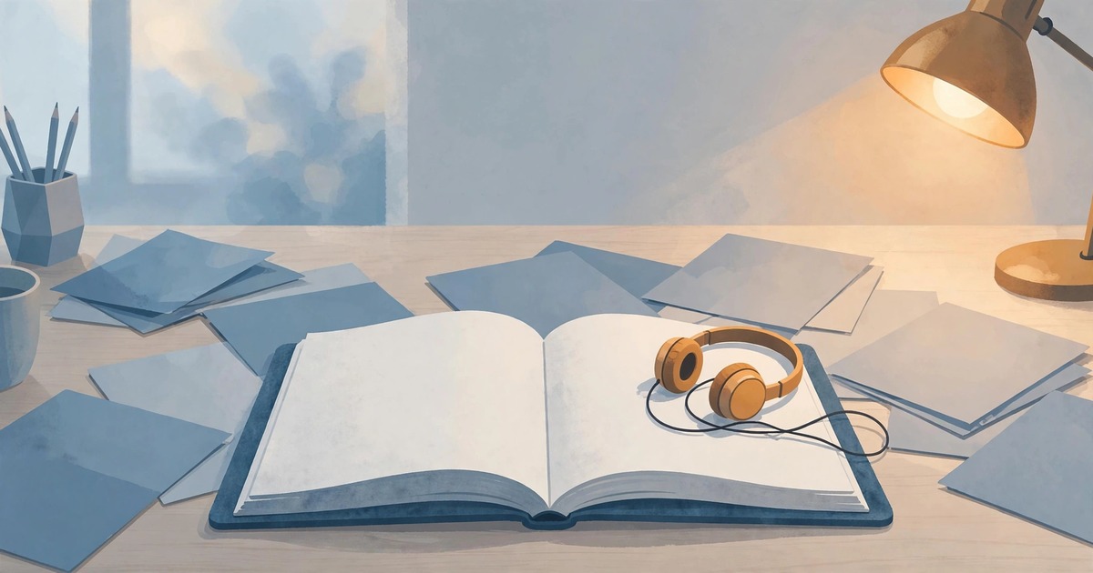 Open research notebook with documents and podcast headphones — NotebookLM review
