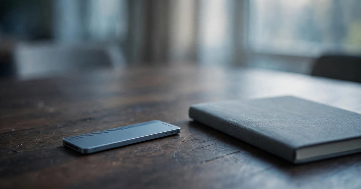 A thin card-sized AI voice recorder resting on a dark wooden meeting table beside a notebook