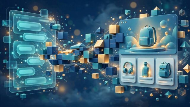 Illustration of an AI chat panel building a modern online storefront with product cards assembling like building blocks
