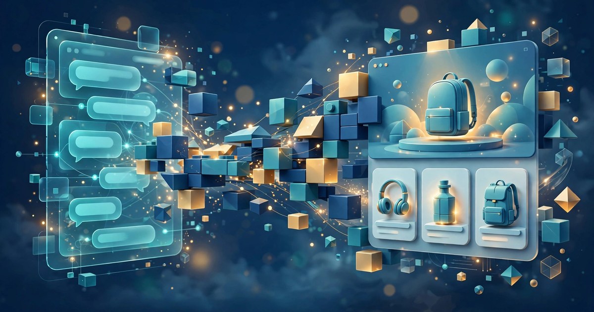 Illustration of an AI chat panel building a modern online storefront with product cards assembling like building blocks