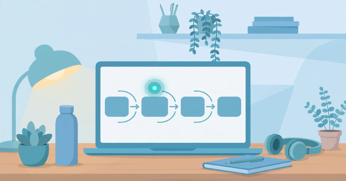 Freelancer desk with a laptop showing an abstract step-by-step process flow being recorded