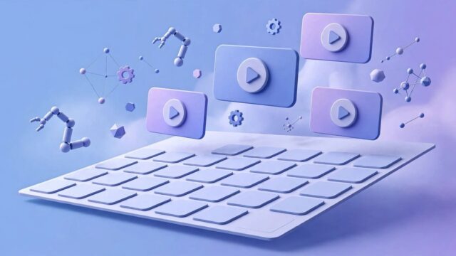 Abstract 3D illustration of a social media content calendar with floating video thumbnails, representing AI-powered social media automation
