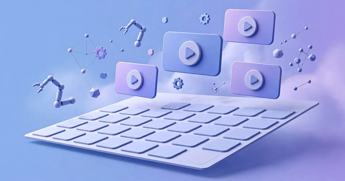 Abstract 3D illustration of a social media content calendar with floating video thumbnails, representing AI-powered social media automation